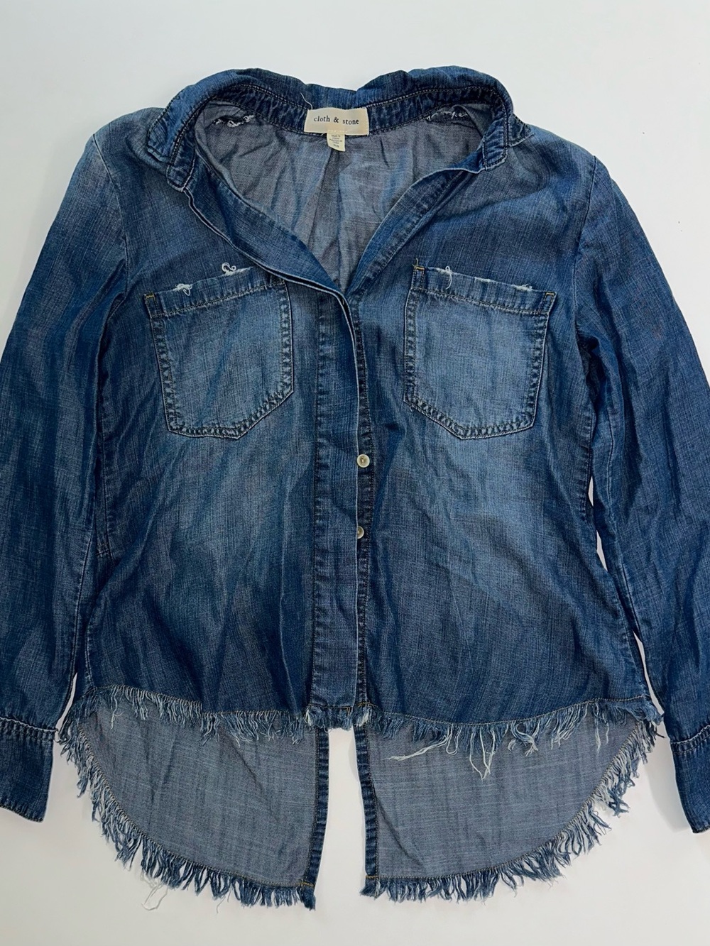 Anthropologie Cloth & Stone Chambray Distressed Raw Hem Button-Down Shirt